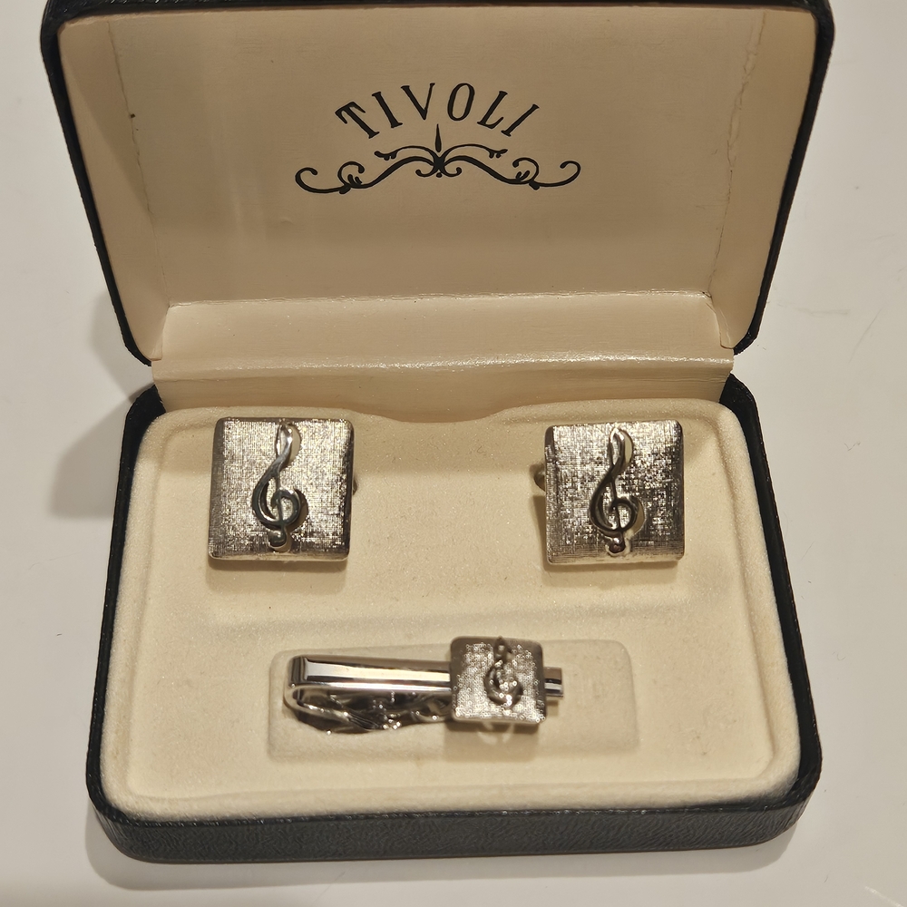 Tivoli Silver Musical Cufflinks  And Tie Clip Set